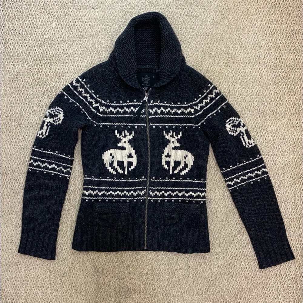 TNA Black and White Reindeer Zip-Up Sweater